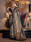 Grey And Black Handloom Tissue Silk Saree