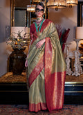 Green And Red Handloom Tissue Silk Saree