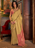 Yellow And Peach Zari Brocade Handwoven Silk Saree