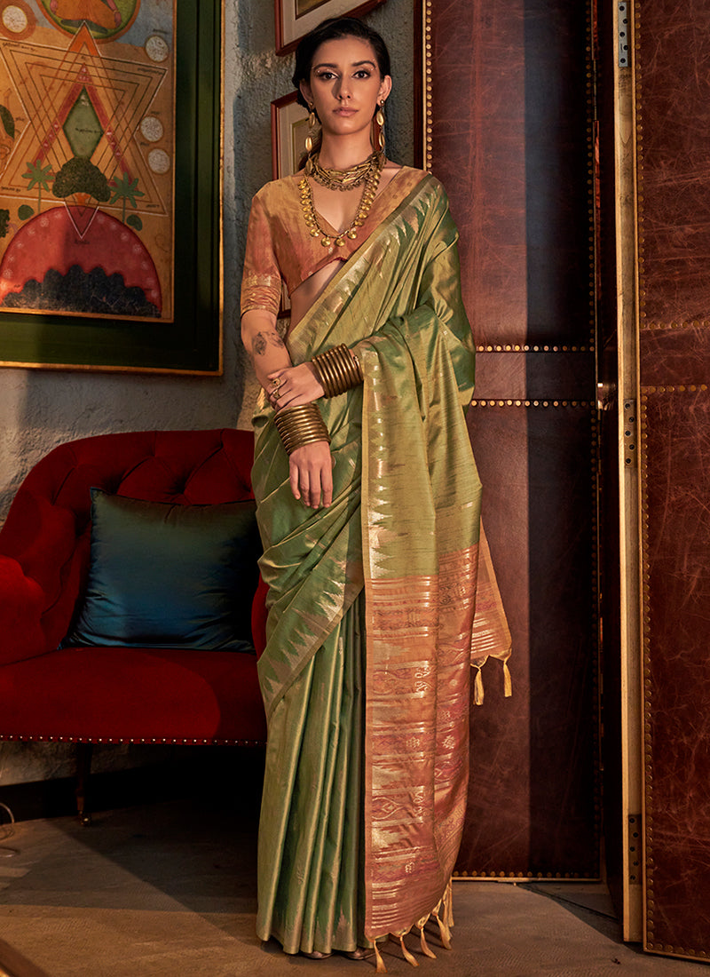 Green And Peach Zari Brocade Handwoven Silk Saree