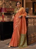 Orange And Green Zari Brocade Handwoven Silk Saree