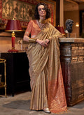 Copper Beige And Orange Zari Brocade Handwoven Silk Saree