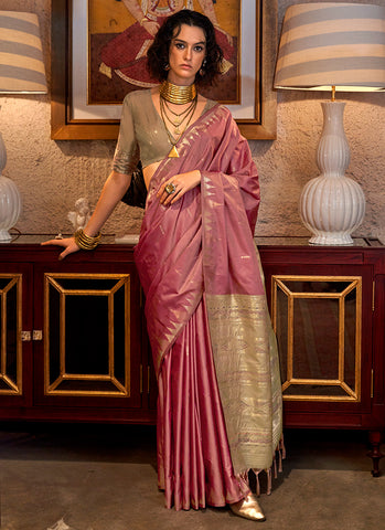 Pink And Olive Zari Brocade Handwoven Silk Saree