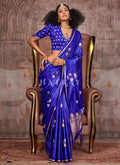 Indigo Blue Golden Handloom Silk Saree