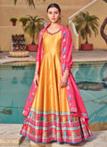 Yellow Pink Embroidery And Printed Anarkali Gown
