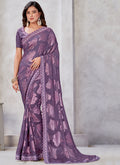 Purple Mirror Work Embroidery Georgette Jacquard Saree