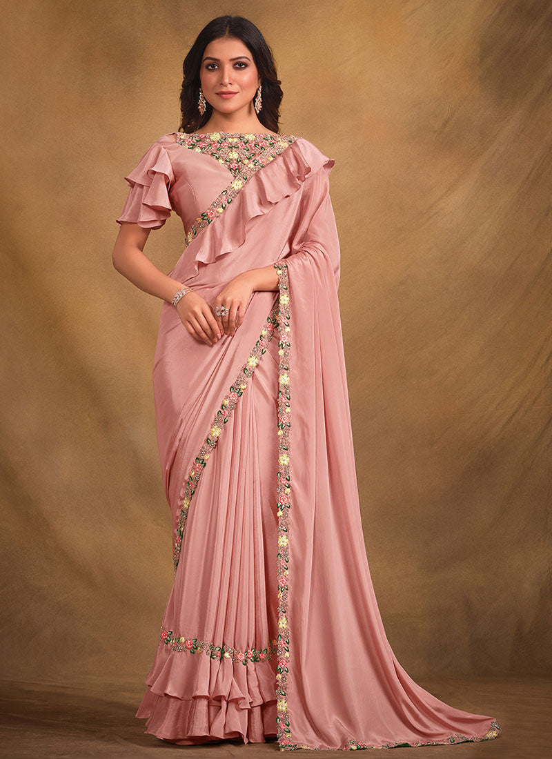 Baby Pink Multi Embroidery Traditional Festive Saree