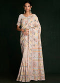 Buy Indian Saree - White And Peach Embroidery Lucknowi Saree