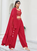 Red Mirror Work Embroidery Cape Style Co-Ord Palazzo Set In USA