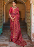 Crimson Red Printed Brasso Silk Saree