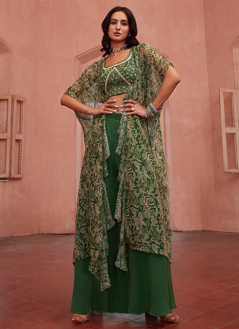 Green Multi Embroidered Cape Style Co-Ord Sharara Set