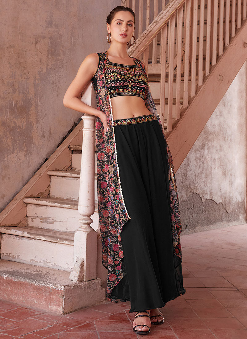 Black Multi Embroidered Cape Style Co-Ord Sharara Set