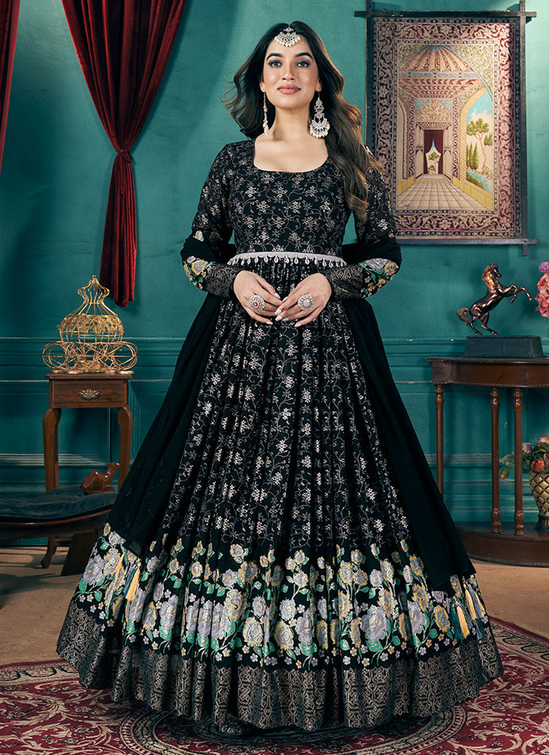 Buy Indian Dresses - Black Metallic Foil Work Embellished Anarkali Suit ...