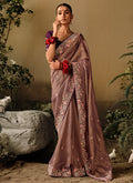 Brown And Purple Multi Embroidery Wedding Silk Saree