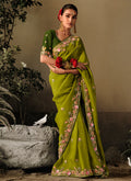 Green Two Tone Multi Embroidery Wedding Silk Saree