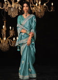 Teal Blue Reshamkari Embroidery Tissue Silk Saree