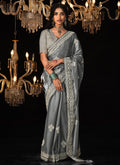 Silver Grey Reshamkari Embroidery Tissue Silk Saree