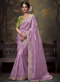 Lavender And Lime Multi Embroidery Wedding Silk Saree