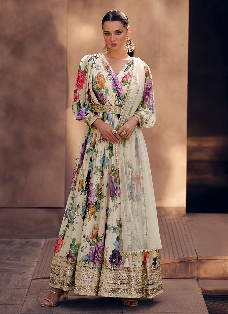 Off White Floral Printed Sequence Embroidered Anarkali Gown