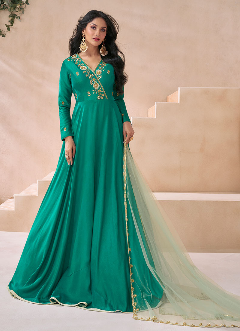 Turquoise Handwork Embroidery Silk Anarkali Gown With Dupatta