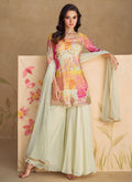 Off White Multicoloured Sequence Embroidered Printed Palazzo Suit