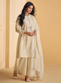 Pearl White Embroidered Party Wear Palazzo Suit