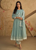 Pastel Blue White Short Embroidery Anarkali Pant Style Suit