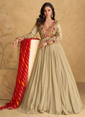 Beige and Red Handwork Embroidered Anarkali Gown Dress