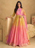 Pink And Yellow Ombré Embroidered Jacket Style Anarkali Dress