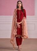 Red And Peach Chikankari Embroidery Pant Suit