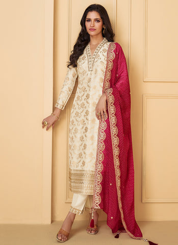 Cream And Red Traditional Embroidery Silk Salwar Kameez Suit