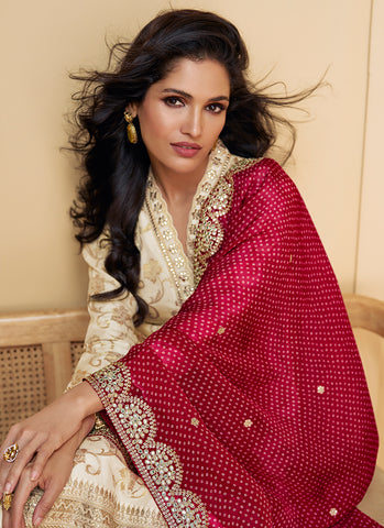 Cream And Red Traditional Embroidery Silk Salwar Kameez Suit