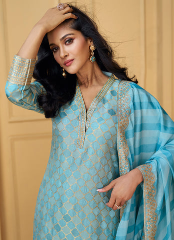 Sky Blue Traditional Embroidery Silk Salwar Kameez Suit