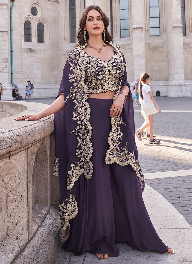 Purple Embroidered Cape Style Designer Palazzo Suit