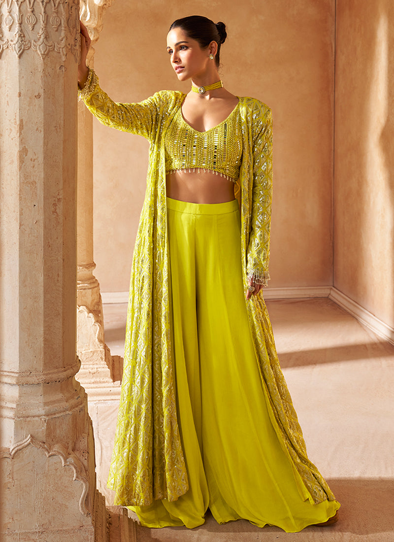 Golden Yellow Embroidered Jacket Style Palazzo Suit