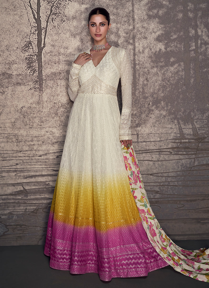 Off White Ombré Embroidery Anarkali Gown Dress