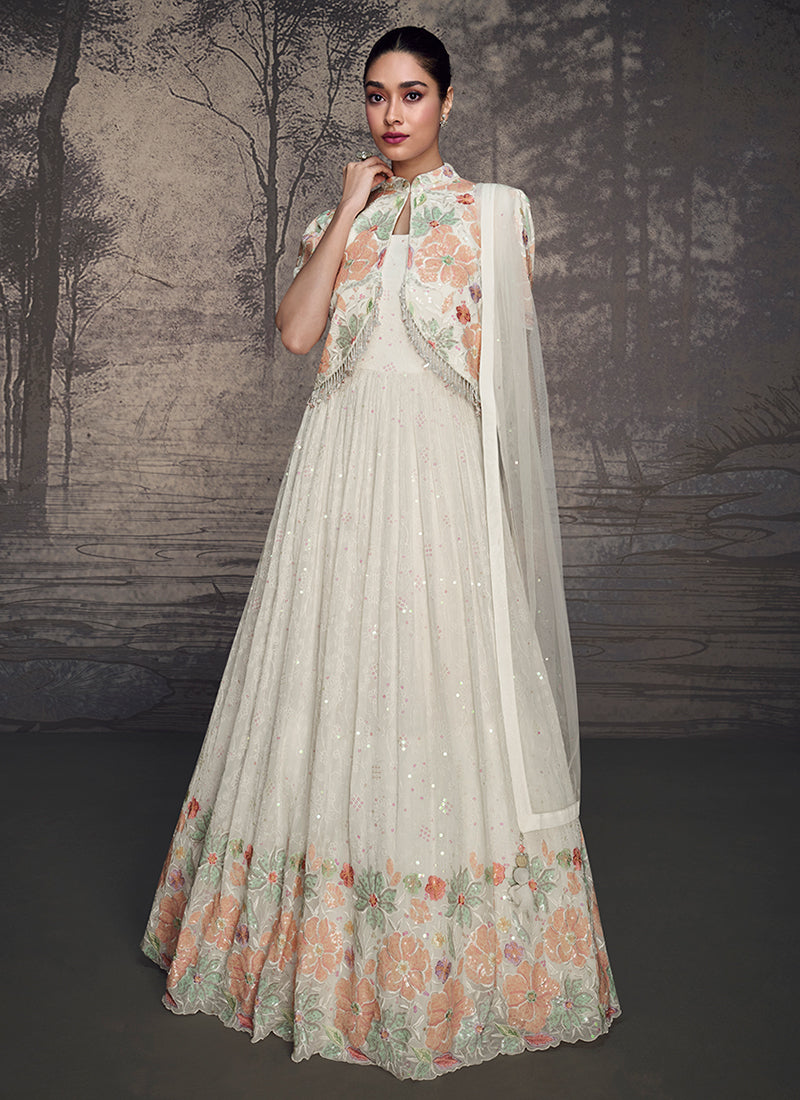 Pearl White Floral Embroidery Jacket Style Anarkali Gown