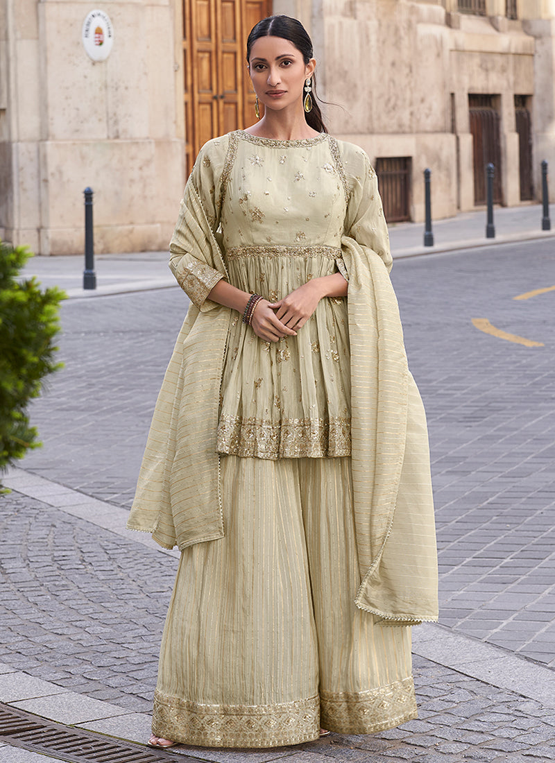 Beige Golden Embroidery Palazzo Style Suit