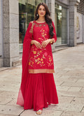 Cherry Red Embroidery Party Wear Gharara Suit