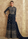 Navy Blue Traditional Embroidered Slit Style Palazzo Suit