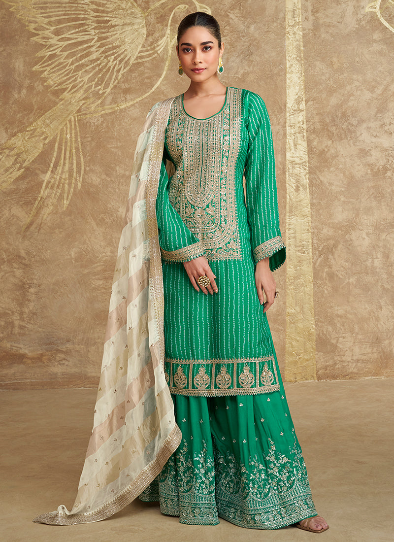 Green And Off White Embroidered Gharara Style Suit