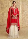 Red And Off White Embroidered Gharara Style Suit