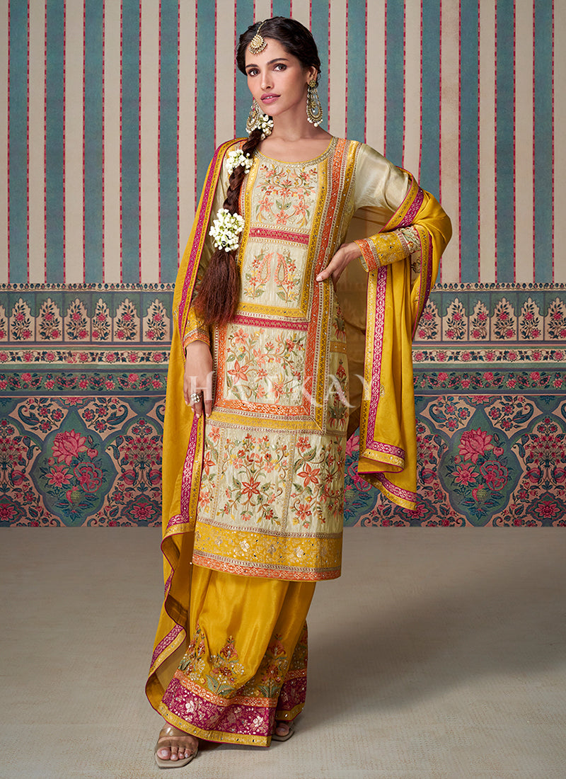 Cream And Yellow Pakistani Palazzo Suit