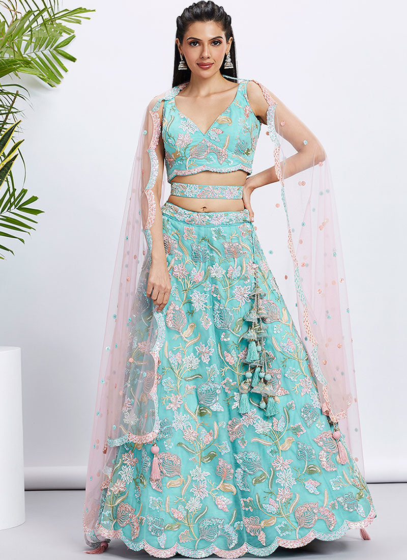 Teal Blue Multi Embroidery Lehenga Choli And Dupatta