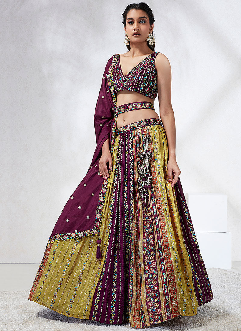 Wine Multicoloured Tradition Embroidery Wedding Lehenga Choli