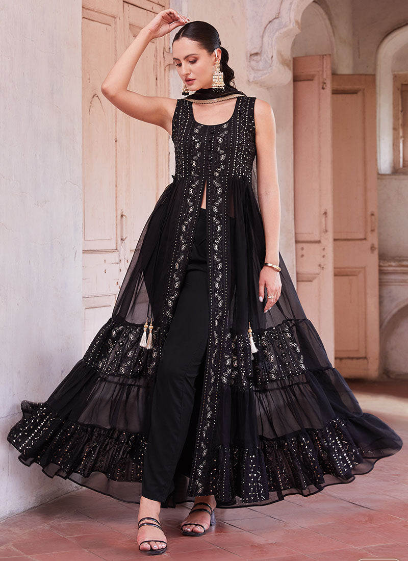 Black Thread And Sequence Embroidery Slit Style Anarkali Pant Suit