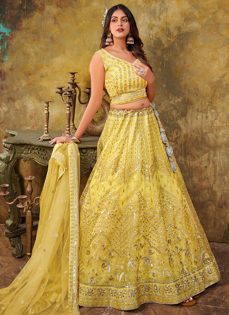 Yellow Cording Sequence Embroidery Lehenga Choli For Wedding