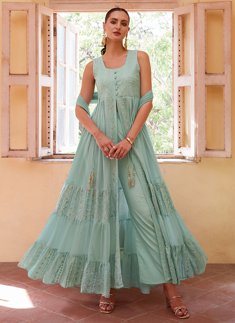 Sky Blue Thread And Sequence Embroidery Slit Style Anarkali Pant Suit