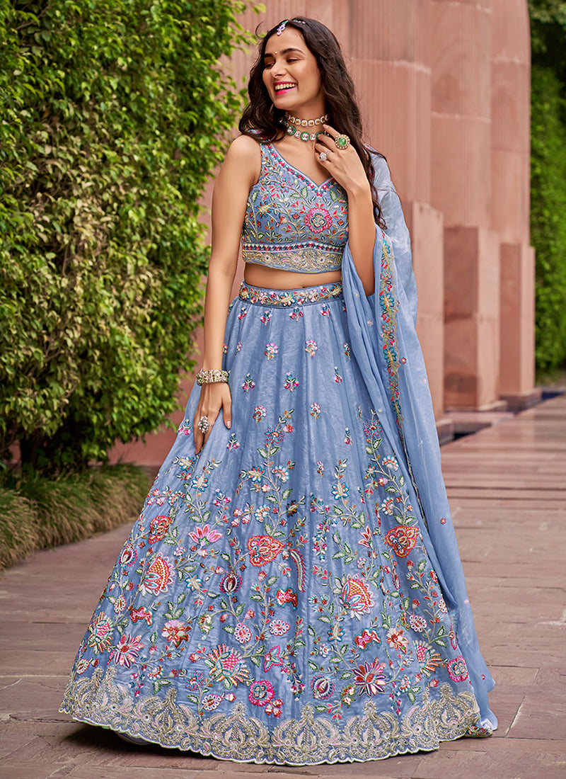 Pastel Blue Multi Embroidered Bridal Lehenga Choli