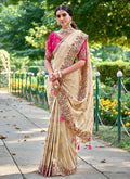 Cream And Pink Appliqué Embroidery Silk Saree